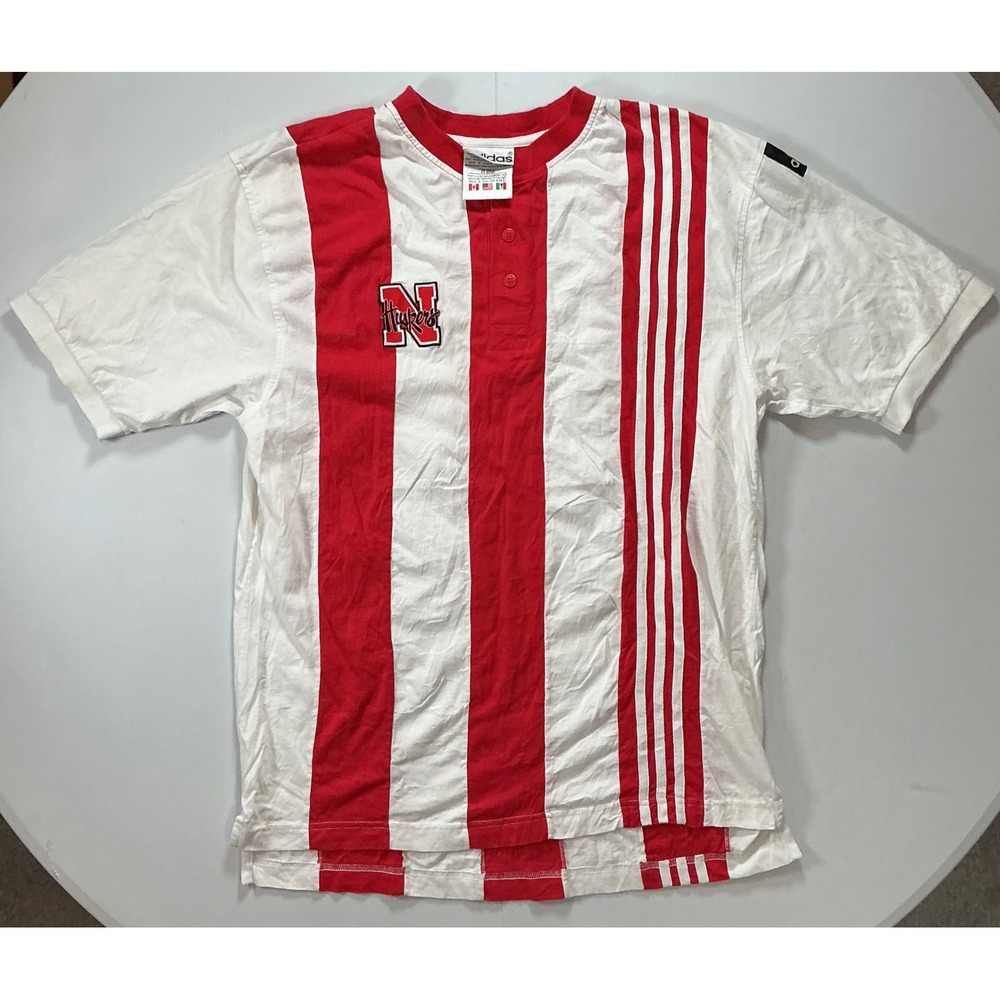 VTG 90s Adidas Nebraska Huskers Henley Shirt Mens L Red White Color Block NCAA